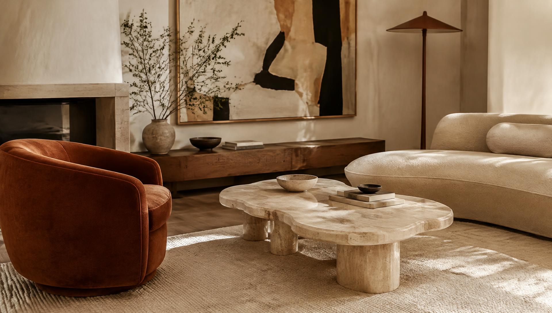 Travertine & Velvet Living Room — interior design inspiration