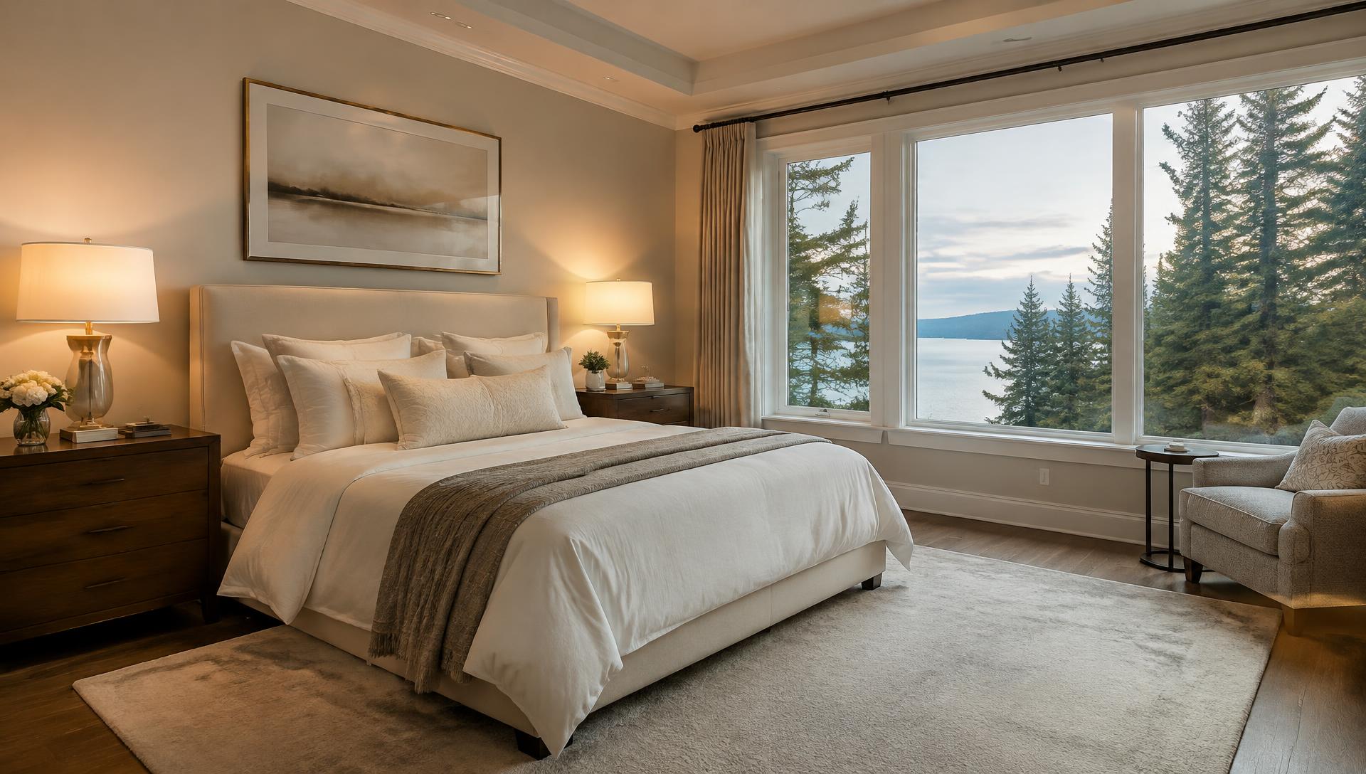 Serene primary bedroom with ivory bedding and lake views