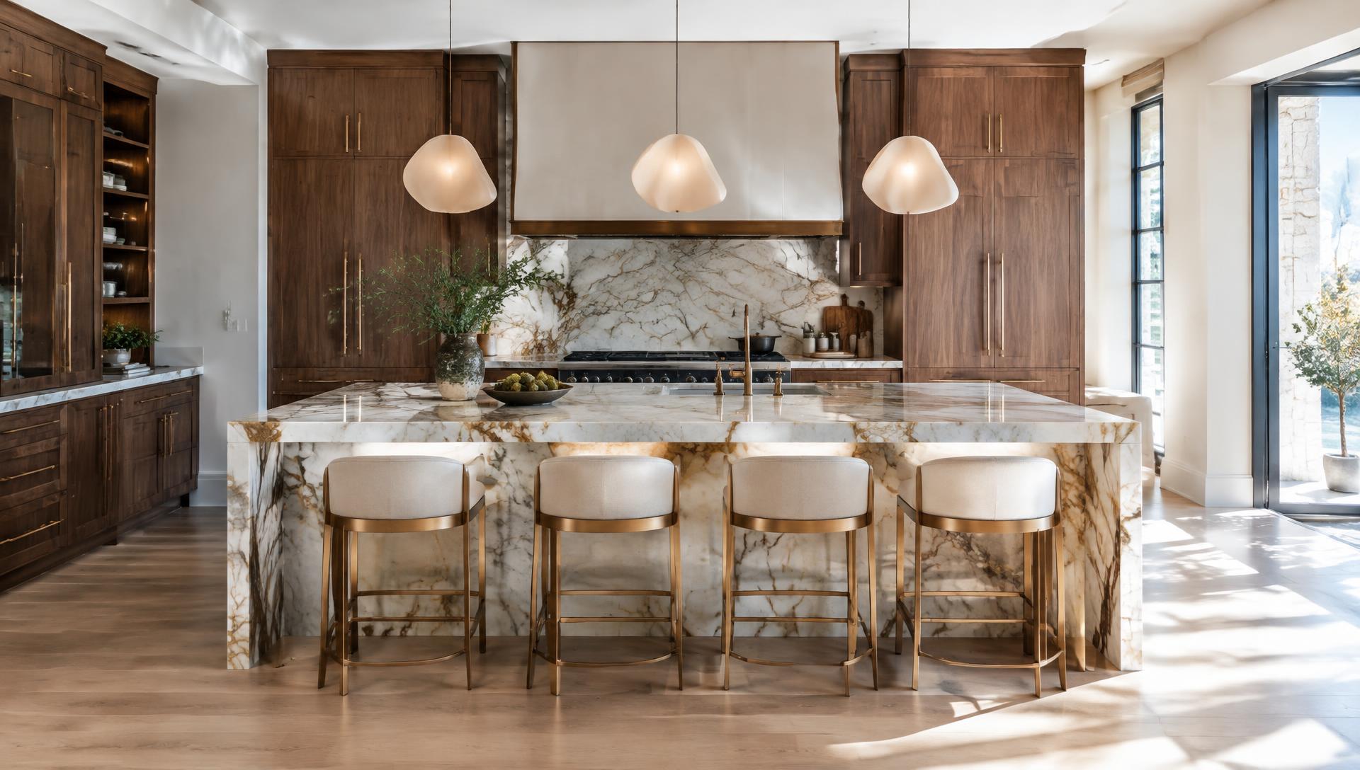 Designer kitchen with stone island, walnut cabinetry and bronze hardware