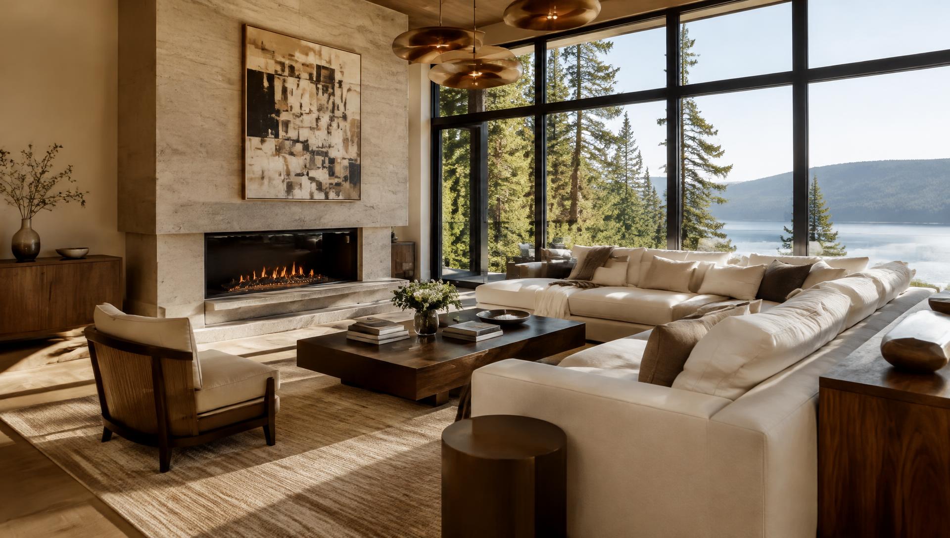 Luxury living room with ivory sofas, stone fireplace and walnut furniture
