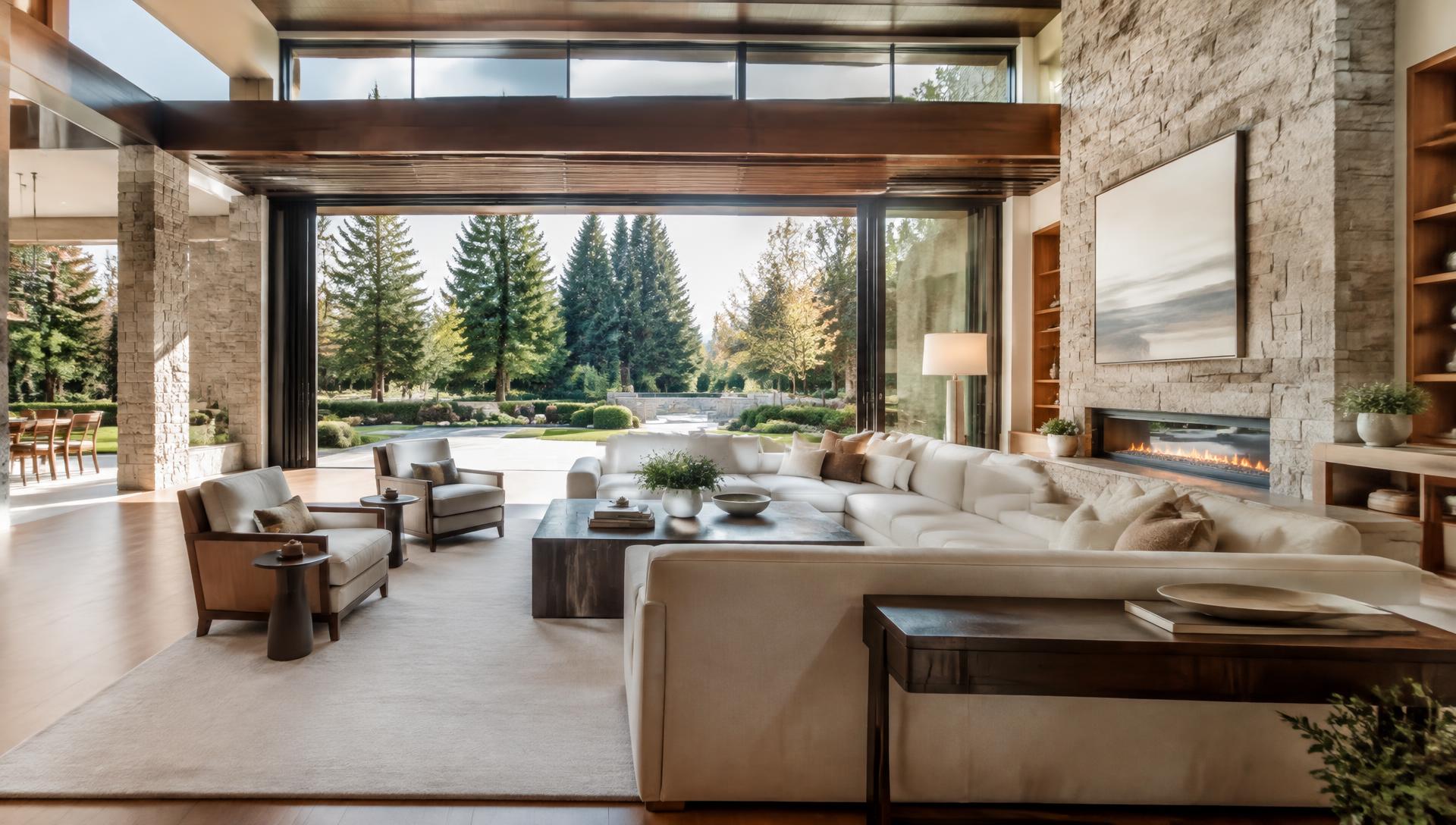 Contemporary Medina estate great room opening to landscaped gardens